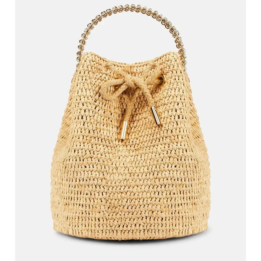 PACO RABANNE Natural Raffia Bucket Bag Gold Chain Link Top Handle Crossbody Bag